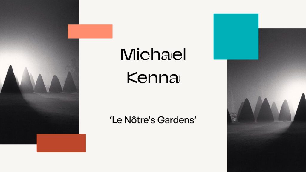 Portada del fotolibro Le Nôtre's Gardens de Michael Kenna con una imagen simétrica en blanco y negro de setos podados