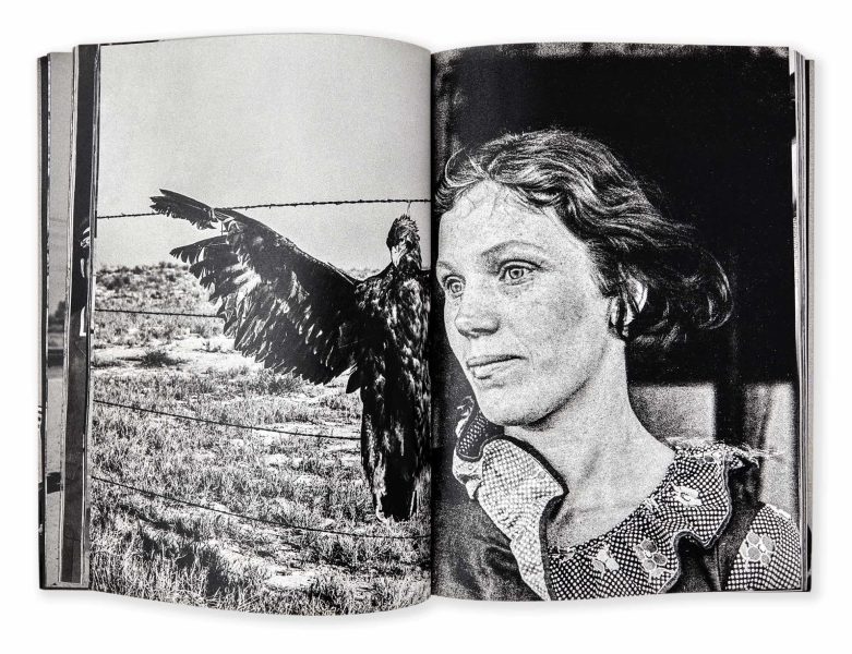 Páginas interiores del libro Omen mostrando recortes y detalles de las fotografías clásicas de la FSA