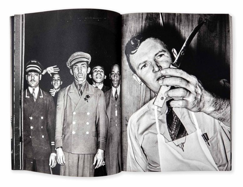 Páginas interiores del libro Omen mostrando recortes y detalles de las fotografías clásicas de la FSA